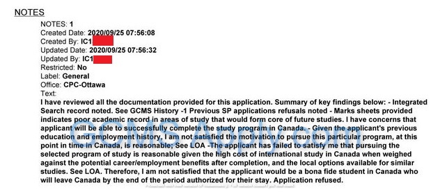 Sample GCMS Note- Canada Study Permit Refusal